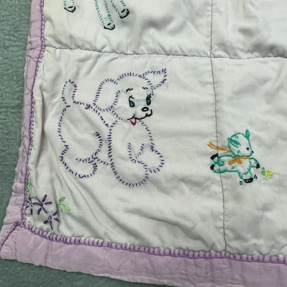Vintage Baby Quilt Hand Embroidered Animals Pastel Crib Blanket‎ Handmade 36x30
